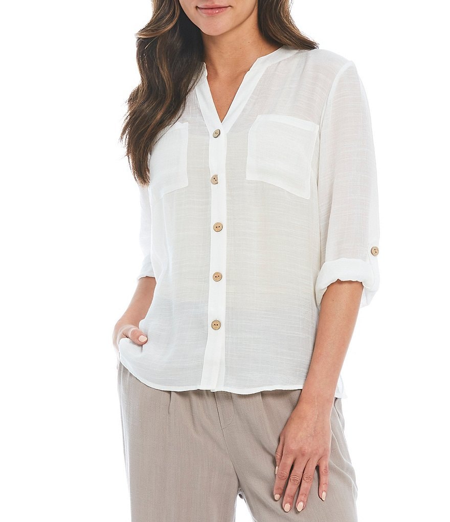 I.N. Studio Solid Gauzy Texture 3/4 Roll-Tab Sleeve Button Down Shirt