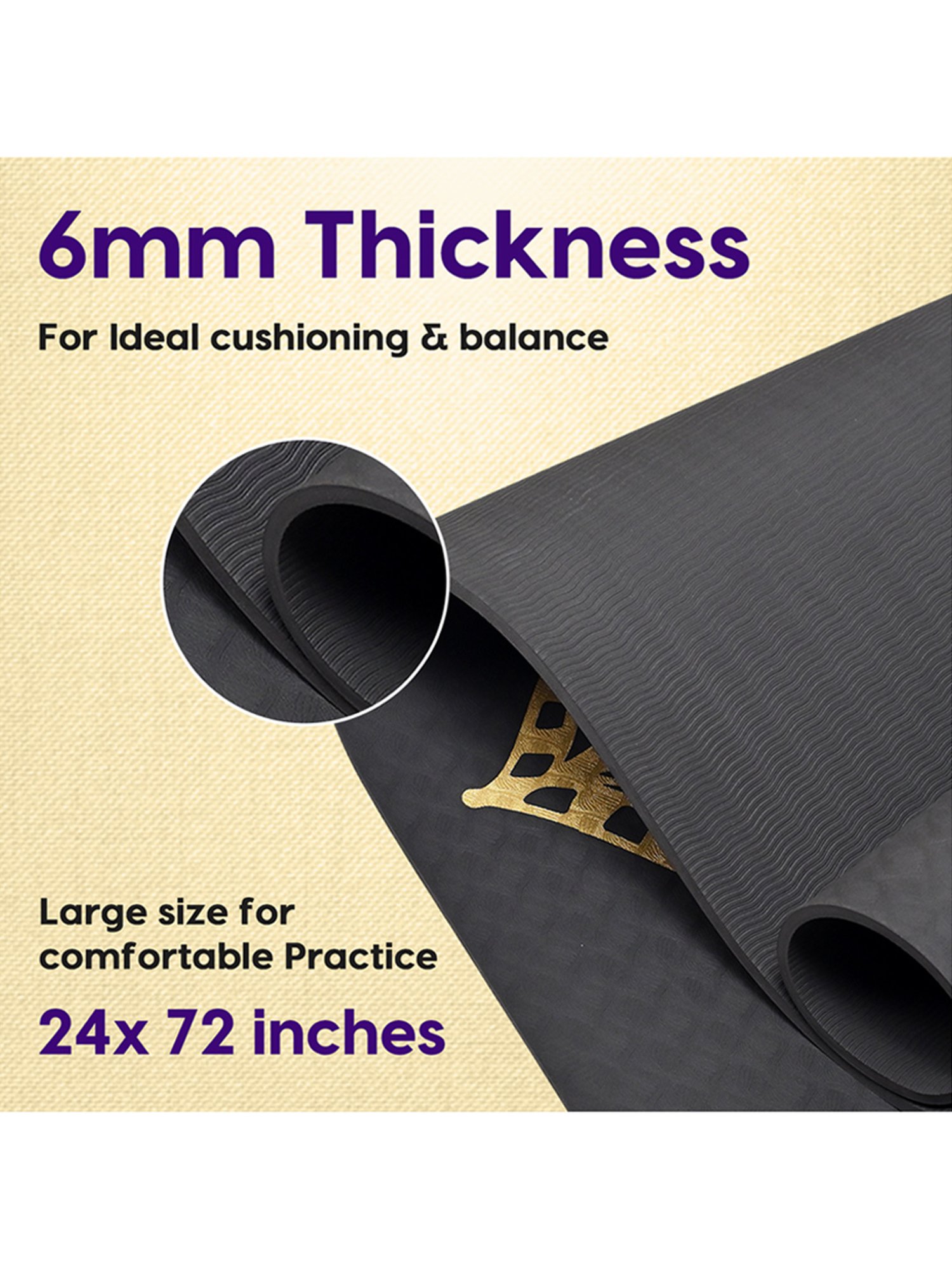 WiseLife Printed Yoga Mat + Yoga Strap (Black)