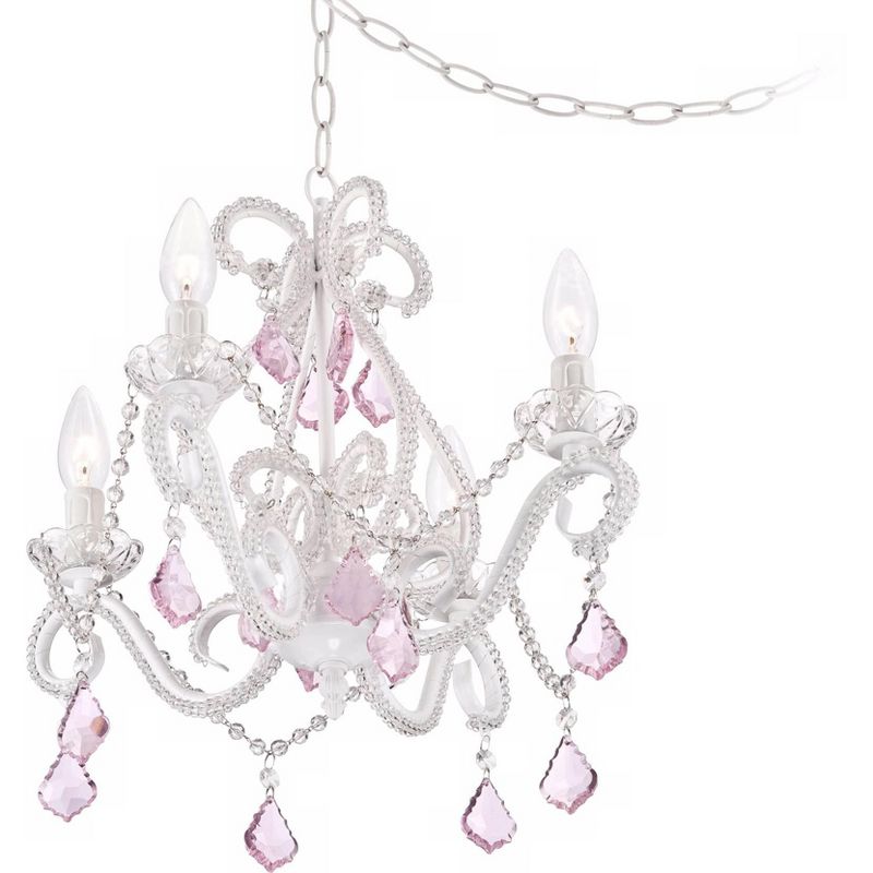 Regency Hill White Plug In Swag Chandelier 16" Wide Country Cottage Pink Crystal Scroll 4-Light Fixture Dining Room House Kitchen
