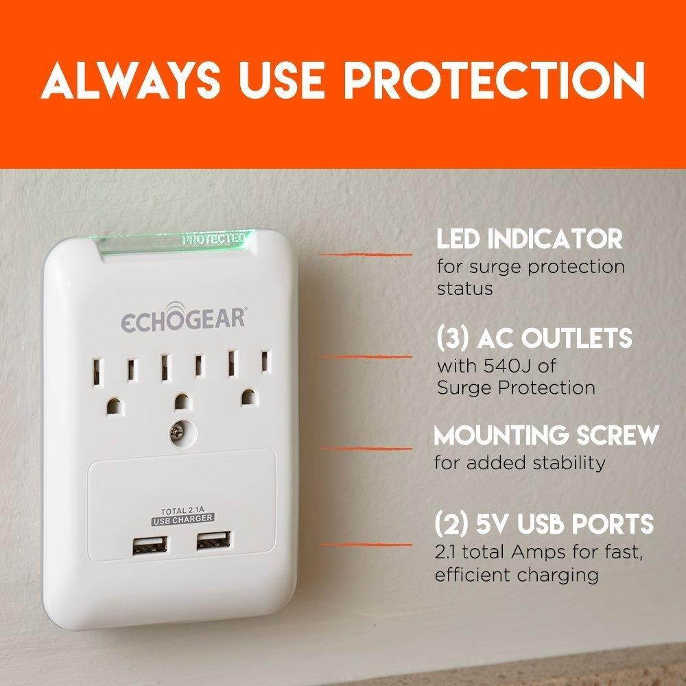 ECHOGEAR Low Profile Surge Protector Design with 3 AC Outlets & 2 USB Ports &ndash; 540 Joules of Surge Protection - Installs Over Existing Outlets to Protect Your Gear & Increase Outlet Capacity
