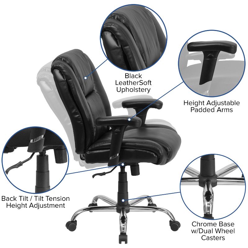 Emma and Oliver 400 lb. Big & Tall Black LeatherSoft Task Adjustable Arm Ergonomic Office Chair