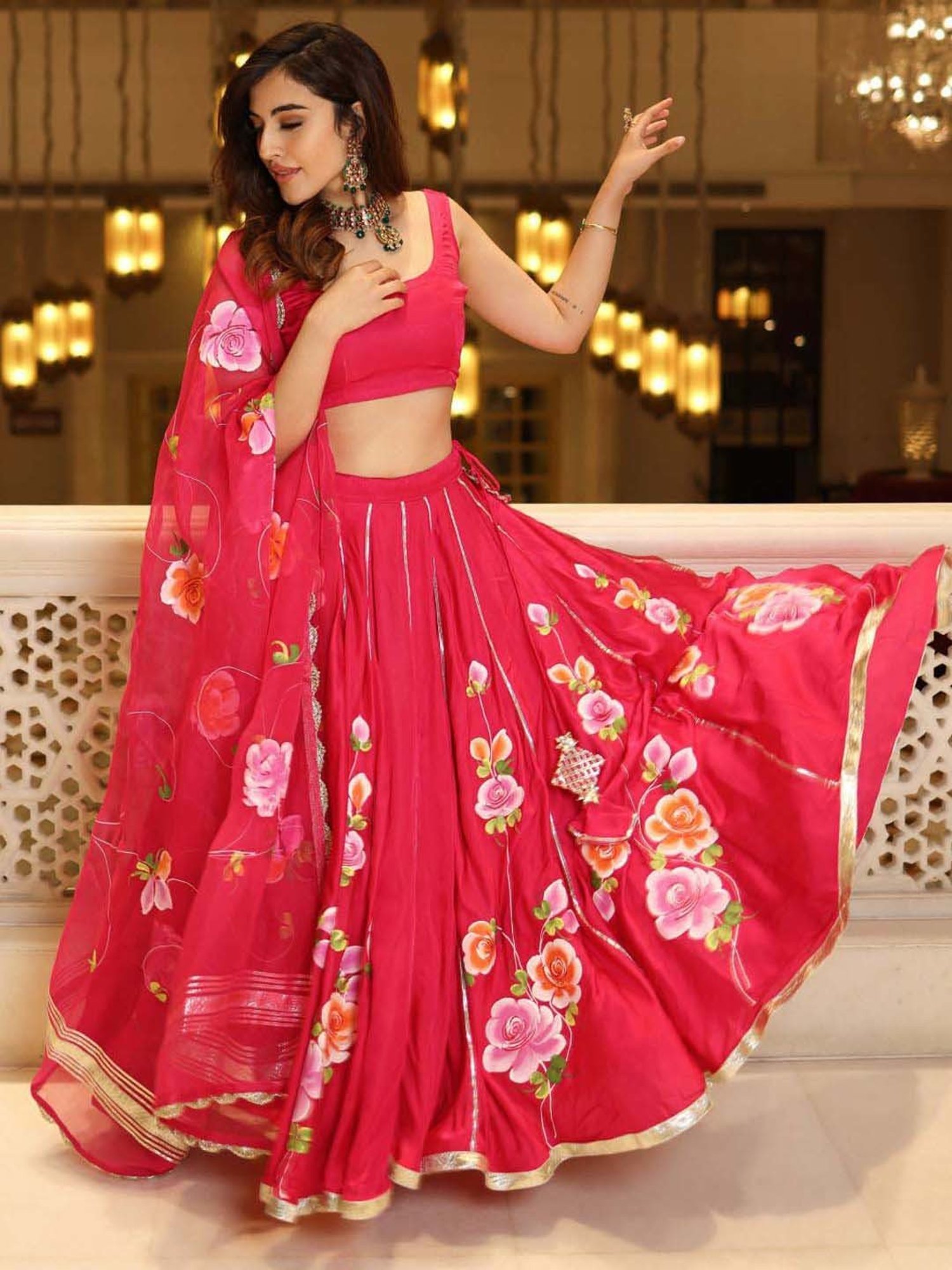 AACHHO Pink Floral Print Lehenga Choli Set With Dupatta