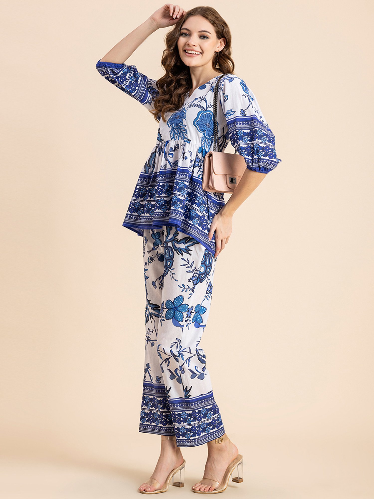 Moomaya White & Blue Cotton Floral Print Top With Pants