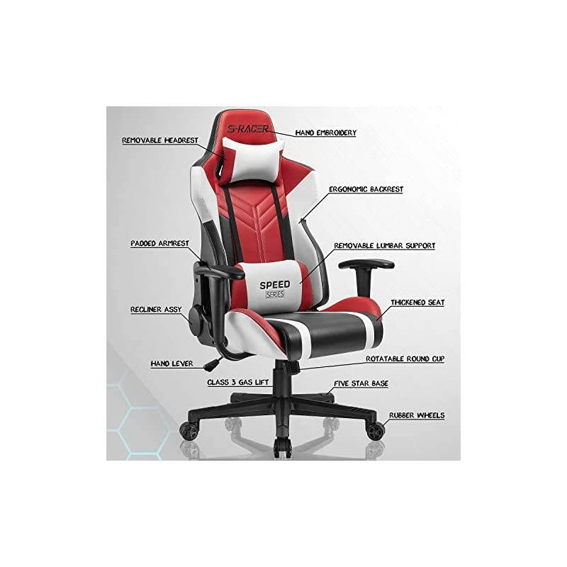 Gaming Chair Racing Style High-Back PU Leather Office Chair Computer Desk Chair Executive and Ergonomic Swivel Chair with Headrest and Lumbar Support (Red)