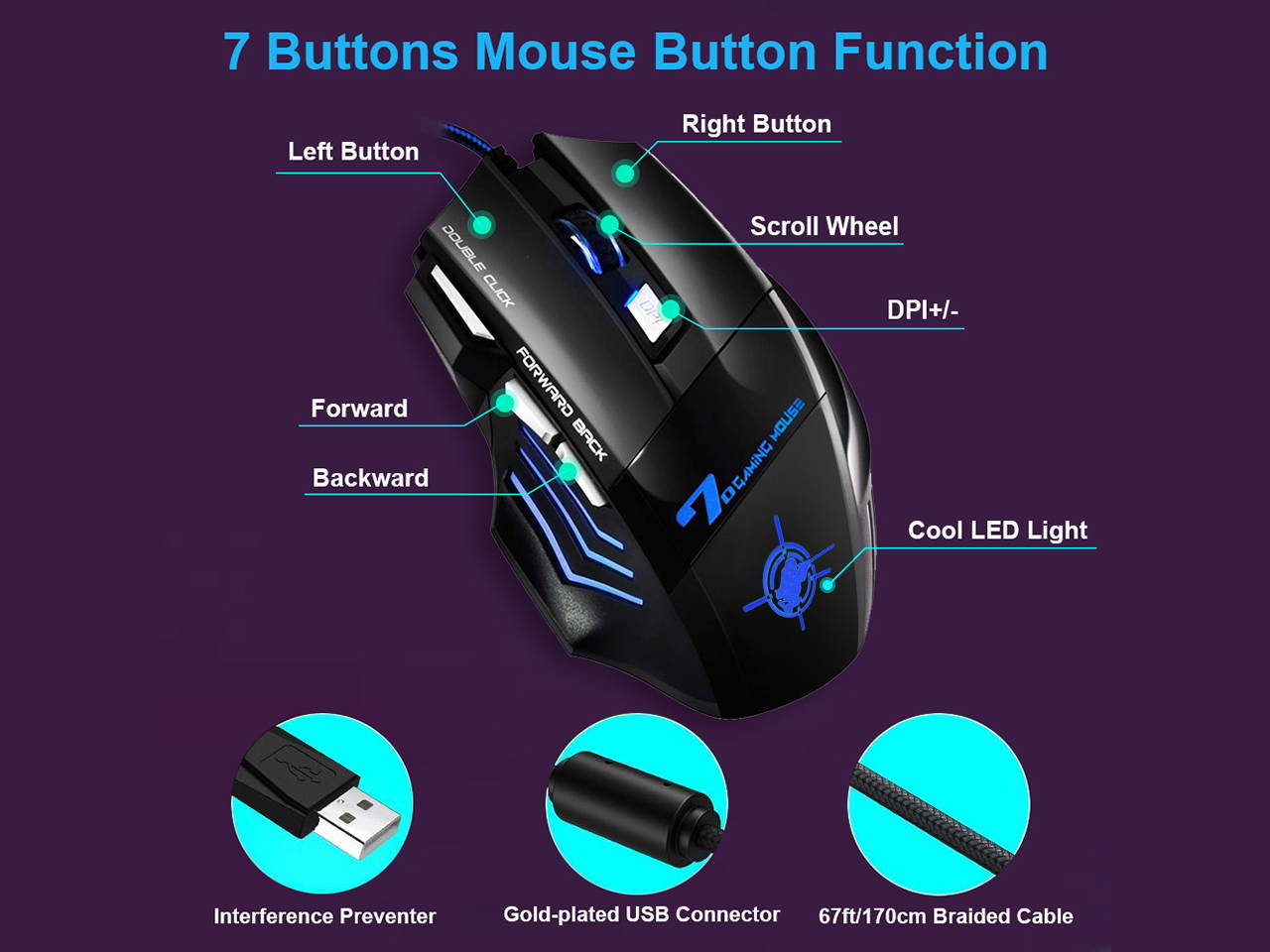 MS-7 Gaming Mouse USB Wired Computer Mouse RGB 7 Color Backlit 7200 DPI Gaming Mice, Silent Stable Mice for PC, Office, Learning, Gamer