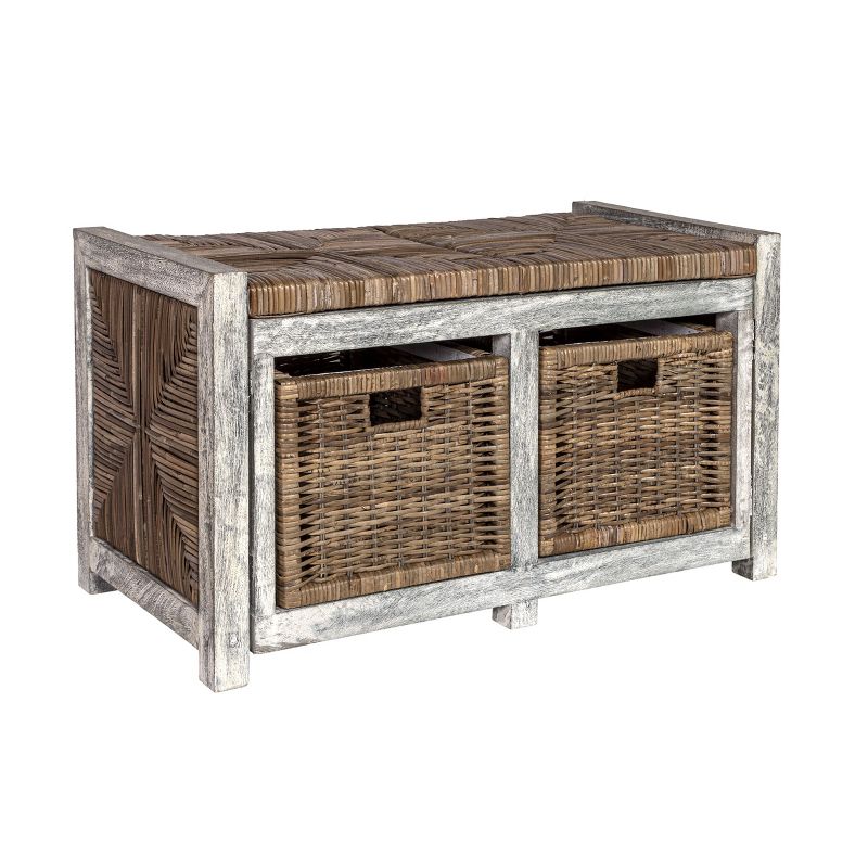 happimess Rustic 30" 2 Drawer Wicker Storage Bench, Gray 
