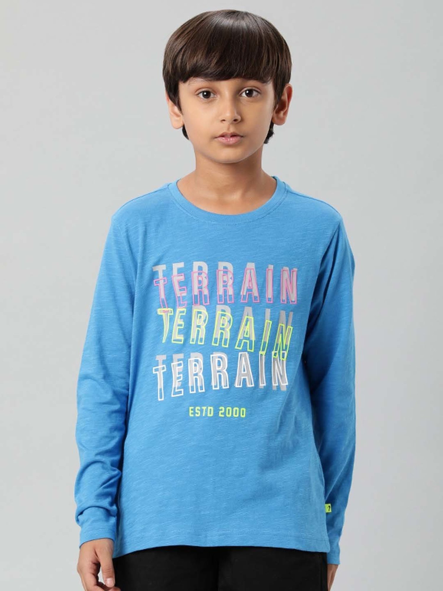 Indian Terrain Kids Blue Cotton Printed Full Sleeves T-Shirt