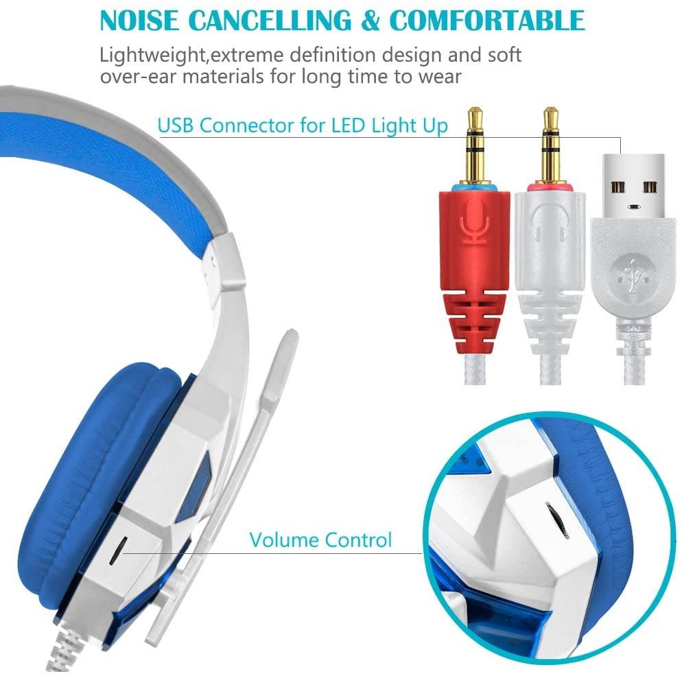 Gaming Headset for Laptop Computer, Cellphone, PS4 and so on, maxin 3.5mm Wired Noise Isolation Gaming Headphones with Mic and LED Light- Volume Control.(White and Blue)