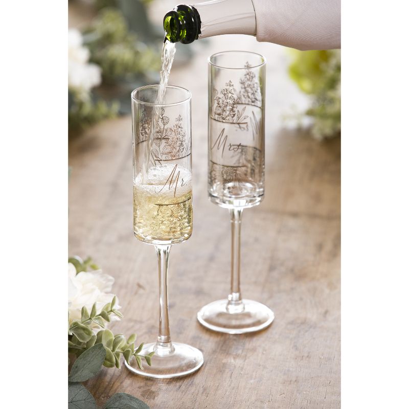 Evergreen Cypress Home Mr. & Mrs. Champagne Flutes 8oz. Silver Metallic Set of 2