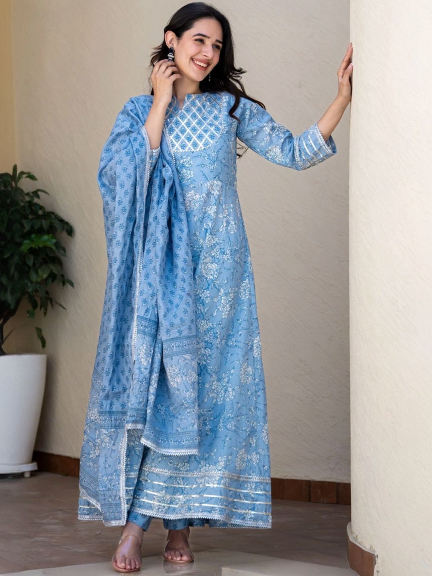 HOUSE OF JAMOTI Grey Cotton Printed A Line Kurta With Dupatta