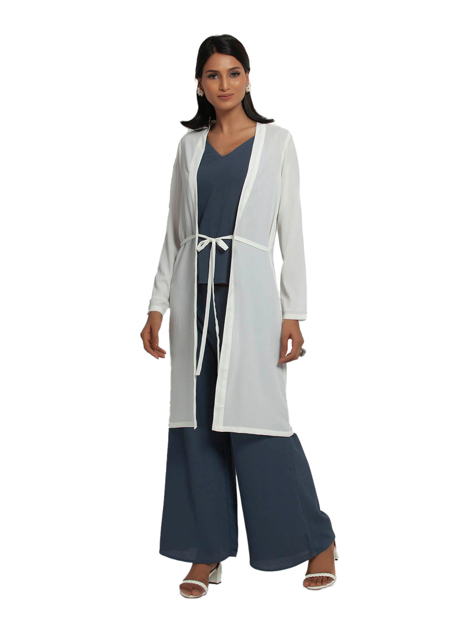 Office & You White Full Sleeves Jacket With Tie Knot