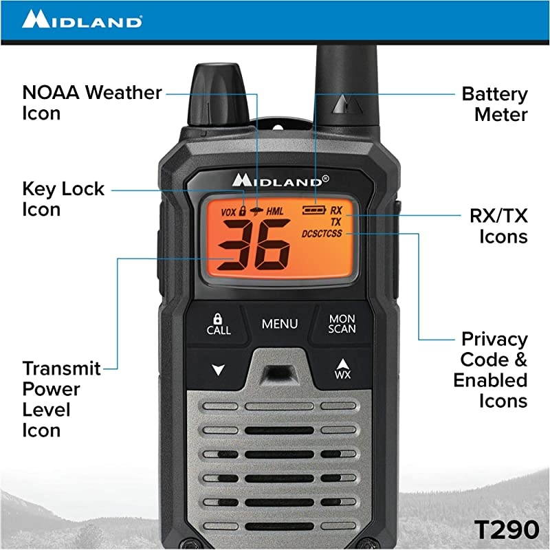 XTALKER T290VP4 36 Channel GMRS TwoWay Radio Extended Range Walkie Talkies 121 Privacy Codes NOAA Weather Scan + Alert Pair Pack BlackSilver