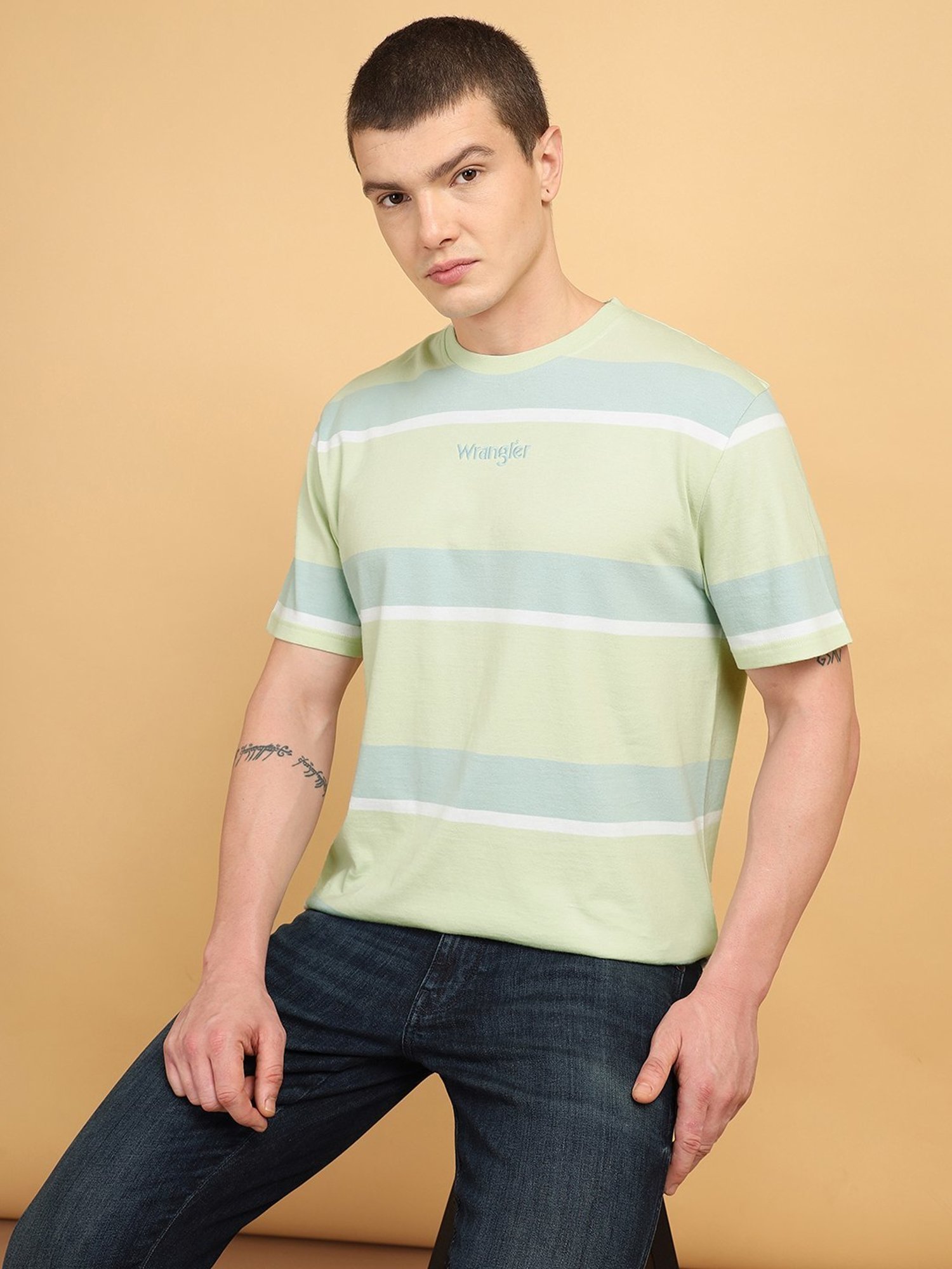 Wrangler Light Green Relaxed Fit Striped T-Shirt