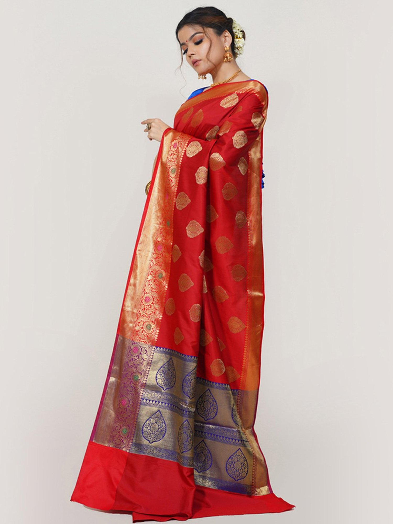 Banarasi Silk Works Red Woven Saree With Unstitched Blouse