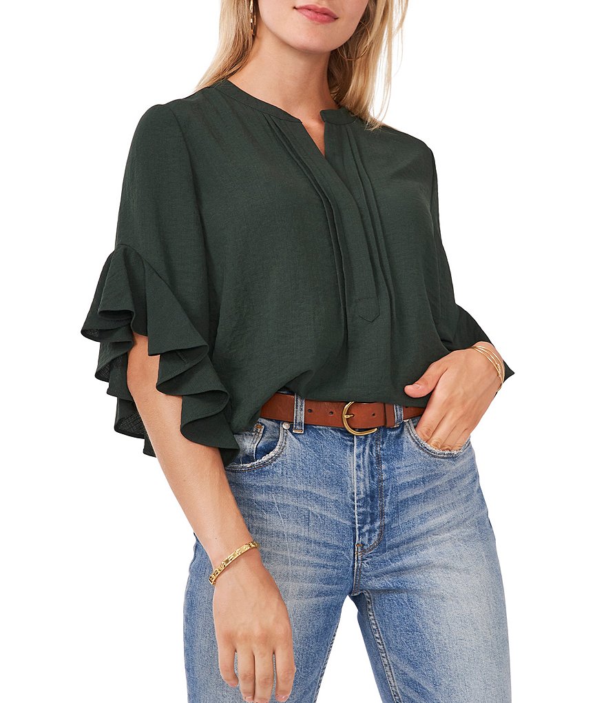 Vince Camuto Ruffled Short Elbow Flutter Sleeve V-Neck Matte Rumple Henley Blouse