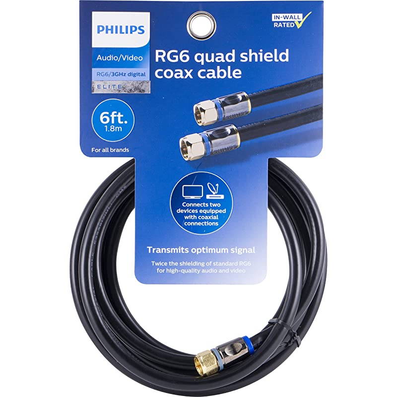 RG6 Quad Shield Coaxial Cable 6 ft inWall Rated Ideal for TV Antenna DVR Satellite Cable FType Connectors 3 Ghz Digital Black SWX9444B27