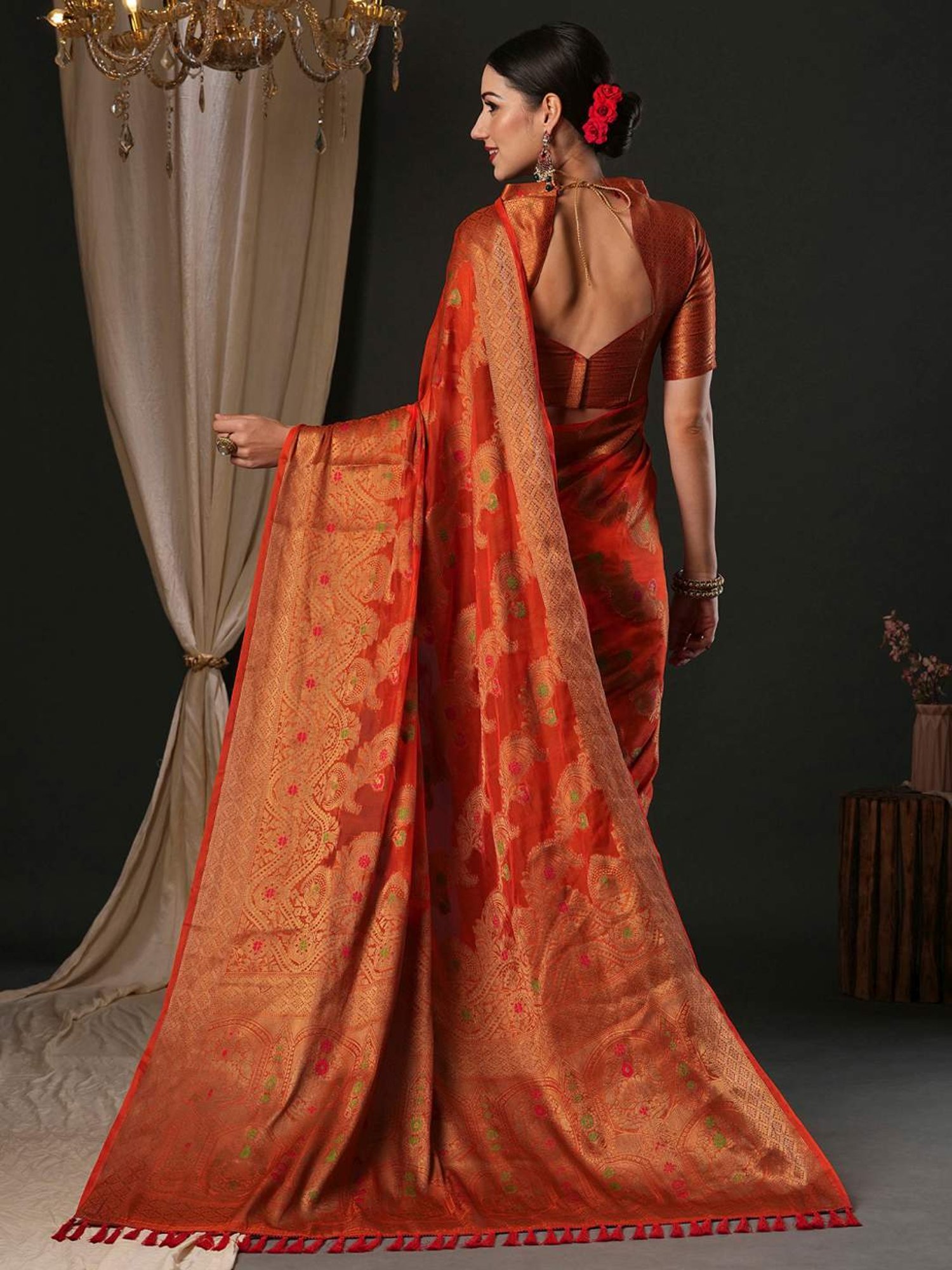 Saree Mall Orange Woven Saree With Unstitched Blouse