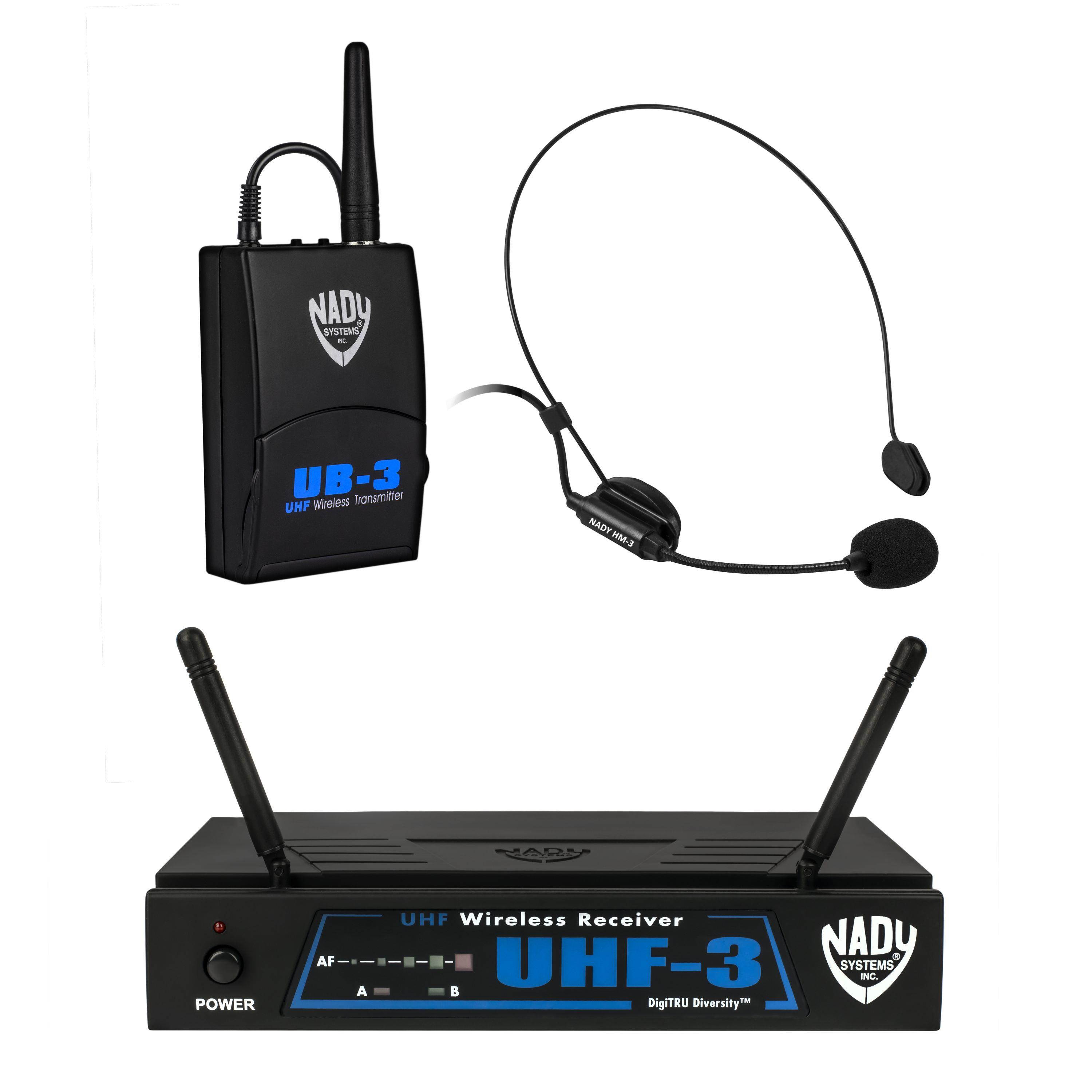 Nady UHF-3 Wireless Headset + Lapel / Lavalier Microphone System with True Diversity &ndash; 2 Microphone Bundle (HM-3 + LM-14)