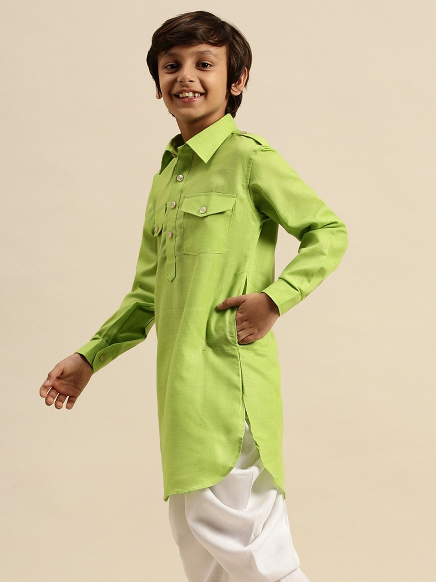 Sanwara Kids Light Green Solid Pathani Kurta
