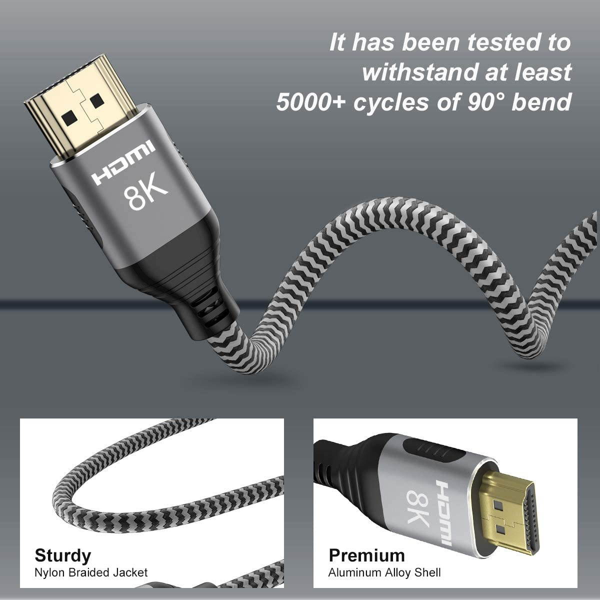 CableDeconn 8K HDMI 2.1 UHD 8K High Speed 48Gbps 8K@60Hz 4K@120Hz HDCP2.2 4:4:4 HDR 3D ARC HDMI Cable Compatible with HDMI Laptops PS4 SetTop Box HDTVs Projectors (2m, HDMI 8K Cable)