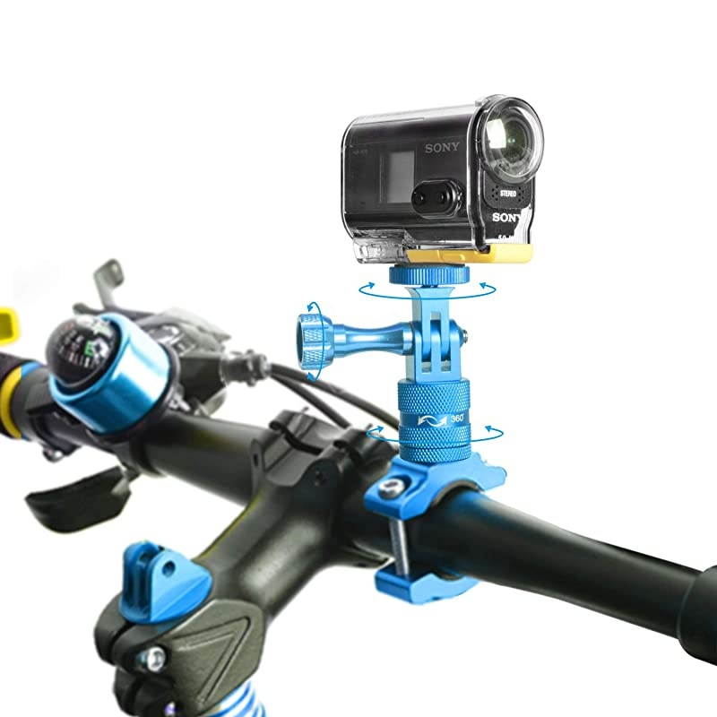 Aluminum Alloy 360&deg; Roatary Action Camera Bike Motorcycle Handlebar Clamp Mount Kit Motion Sports Camcorder BMX Bicycle Seatpost Pole Holder Compatible with GoPro Sony Akaso-Blue