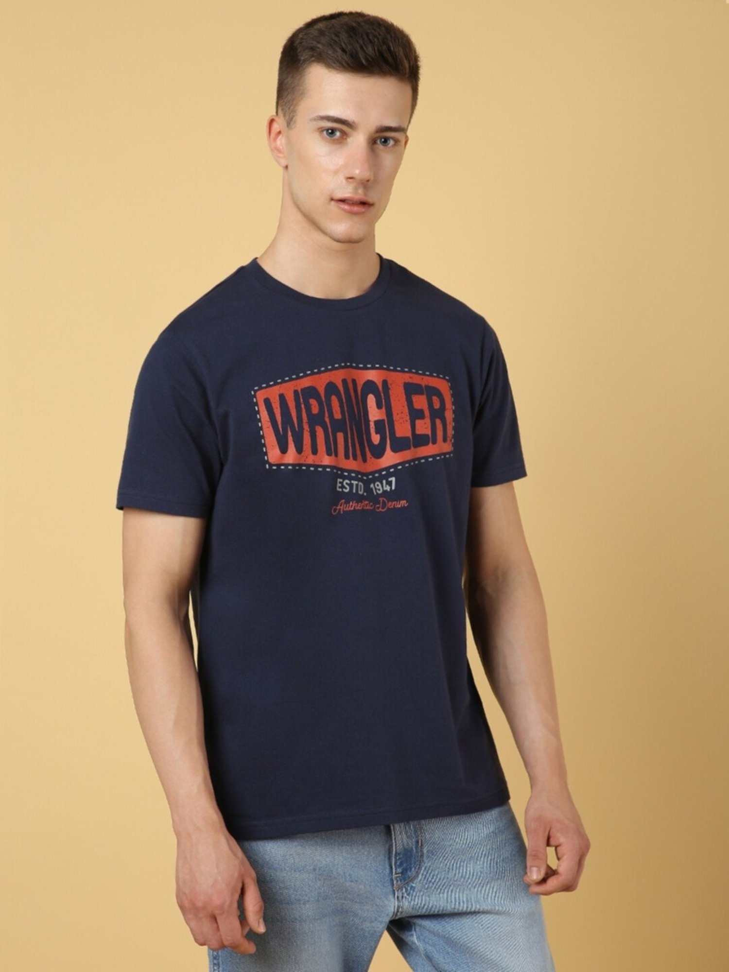 Wrangler Blue Cotton Regular Fit Printed T-Shirt