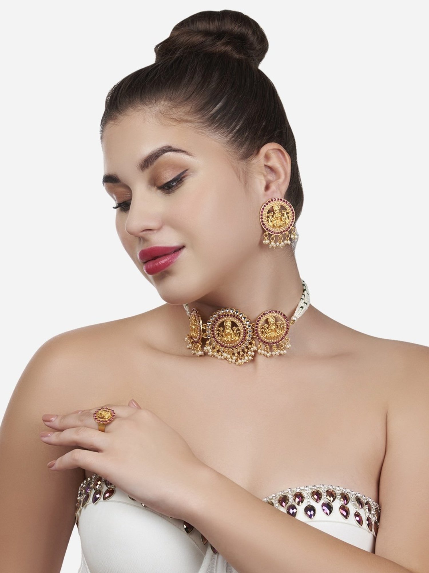 Zaveri Pearls Pinks Stones Goddess Laxmi Temple Necklace, Earring & Ring Set