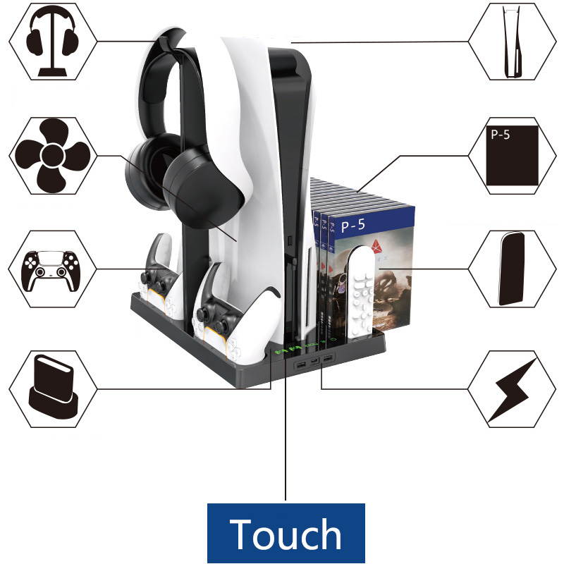 Vertical Stand with Headset Holder and Cooling Fan Base for PS5 Console & Playstation 5 Accessories, 1 Headphone Stand, 2 Controller Chargers, 15 Game Disc Slots and 1 Media Remote Organizer