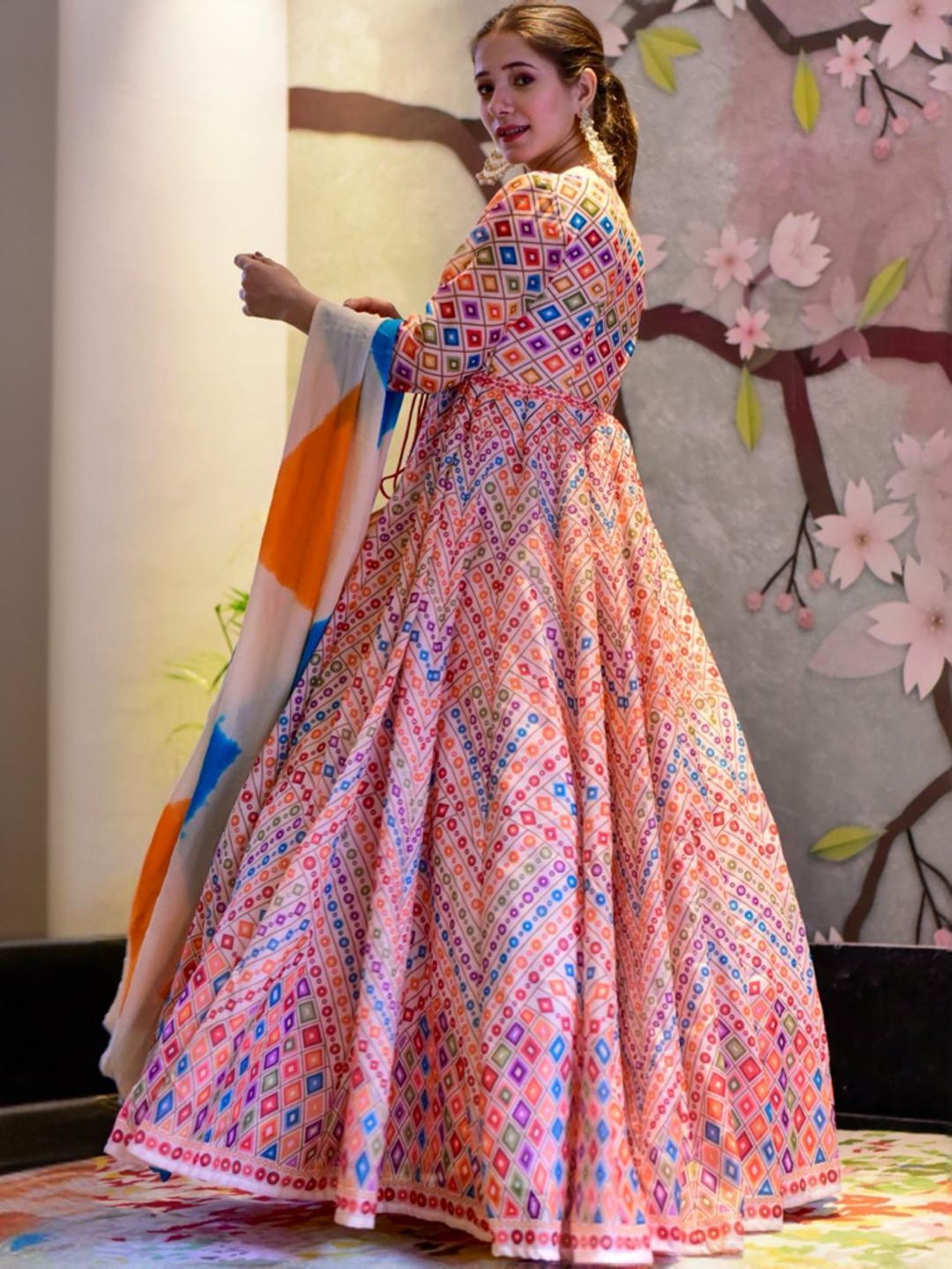 Odette Beige Printed Maxi Dress With Dupatta