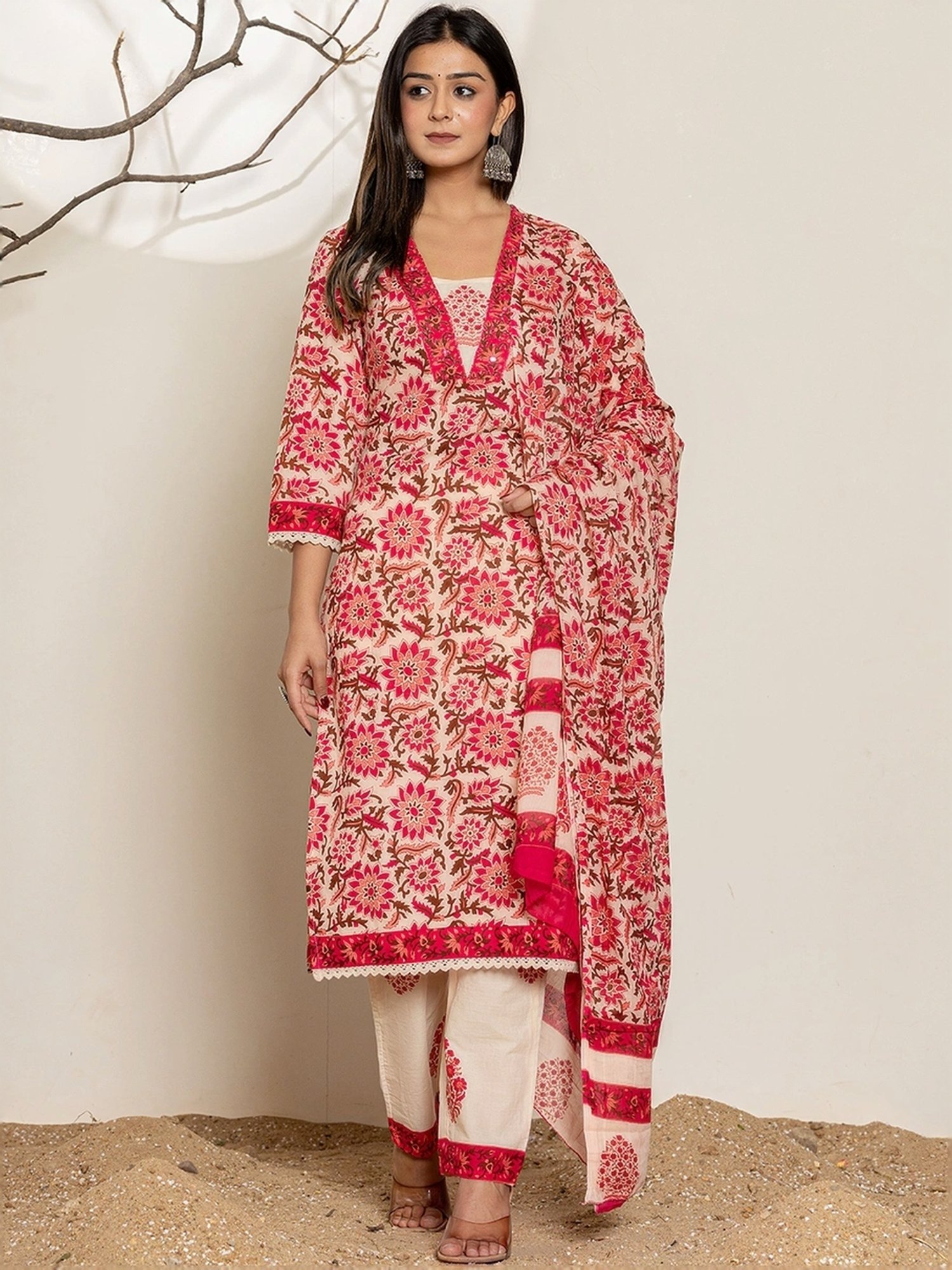 Yufta Pink & Cream Cotton Printed Kurta Pant Set With Dupatta