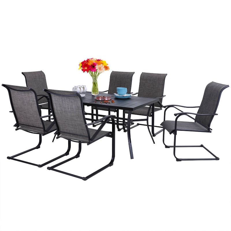 7pc Patio Dining Set with Rectangle Table with 2.6" Umbrella Hole & Steel C-Spring Arm Chairs - Captiva Designs