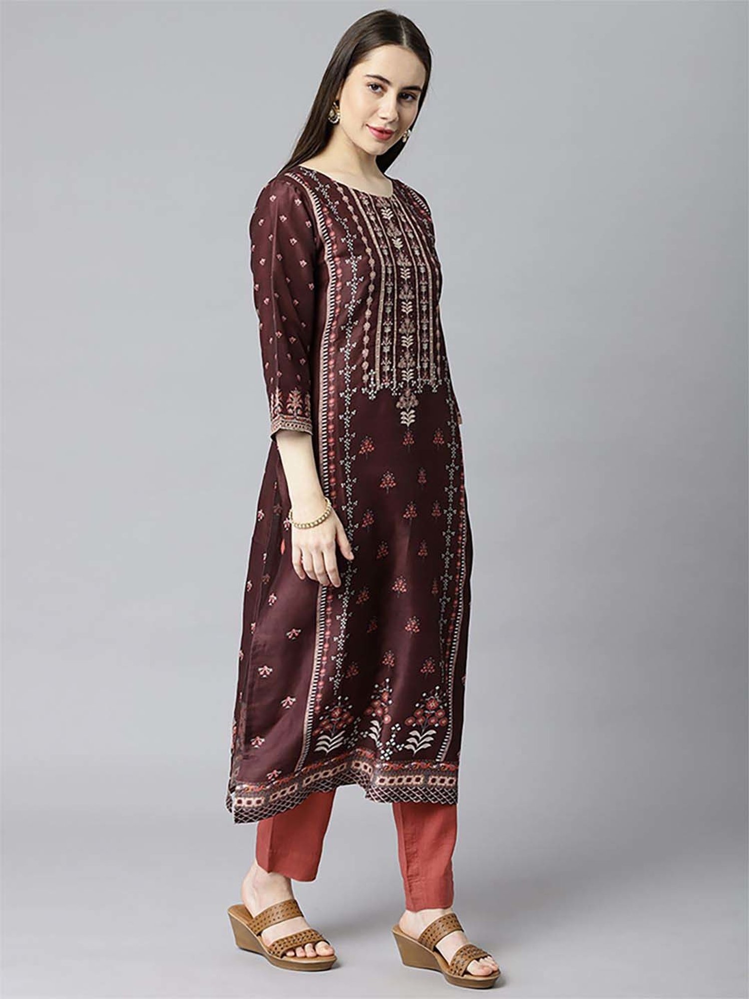 Kami Kubi Brown Printed Straight Kurta