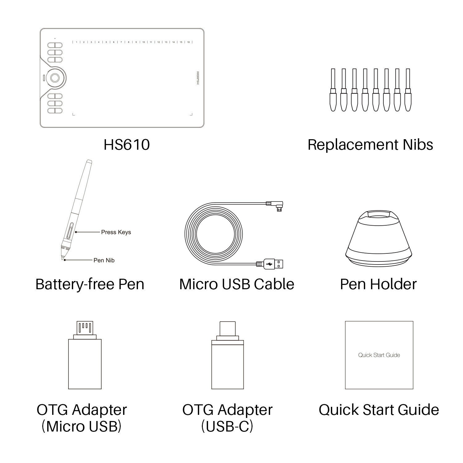 HUION HS610 Graphics Drawing Tablet Android Support 8192 Battery Free Stylus US