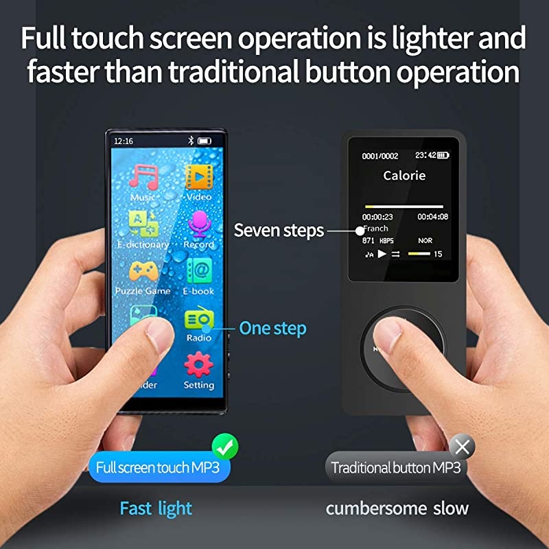 MP3 Player with Bluetooth 50 High Resolution and Full Touch Screen Builtin Speaker 8GB HiFi Lossless Sound Player with FM Radio Voice Recorder Supports up to 128GB Black