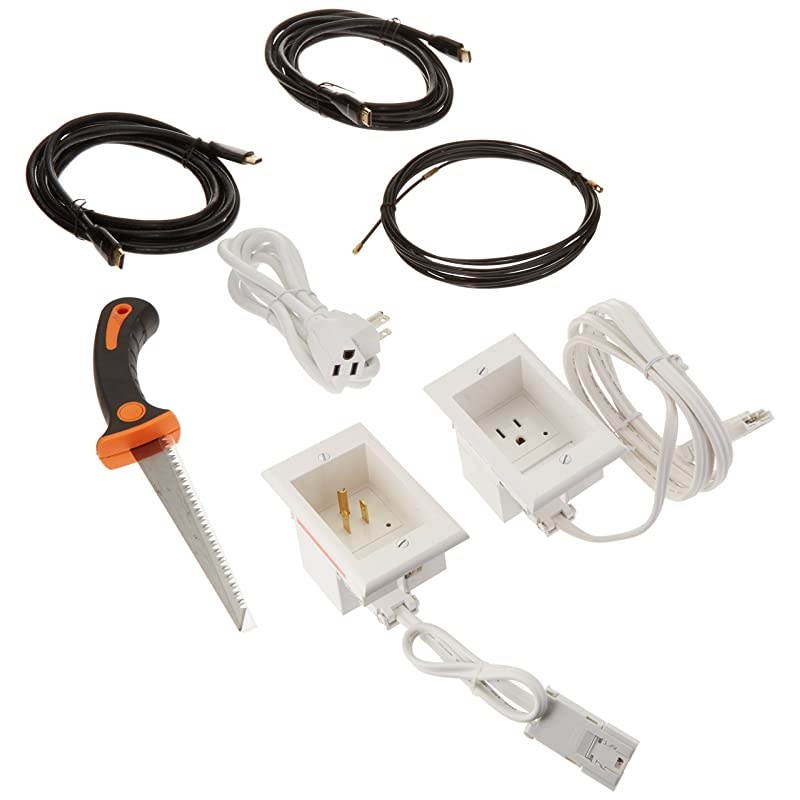 ONE-CK-IKH2 Single Outlet Recessed In-Wall Cable Management System, Two 10-Foot High-Speed HDMI Cables (Latest Standard), Plus Drywall Saw and Cable-Puller Bundle