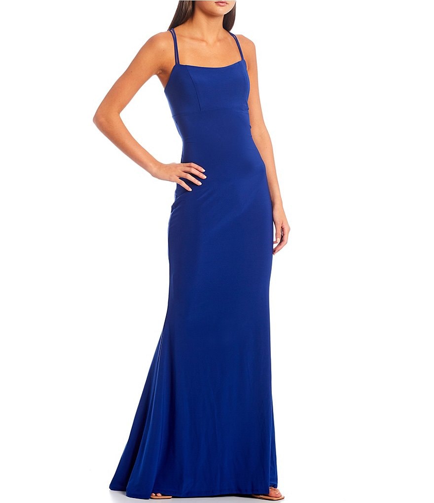 Jump Double Spaghetti Strap Square-Neck Lace-Up-Back Long Dress