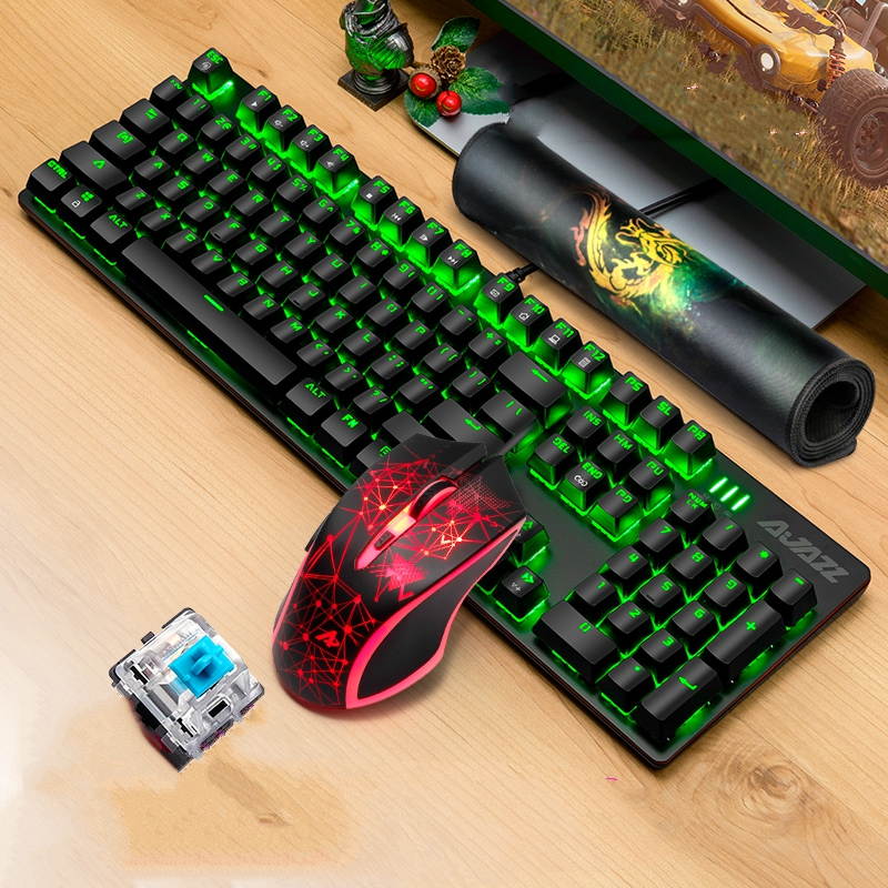 Ajazz AJ119  26 Anti-ghosting Keys, Ergonomic Design, Cool Exterior USB Wired Black Mechanical Green Color Backlit LED Keyboard And 2400DPI  Mouse Combo For Office And Game-Black