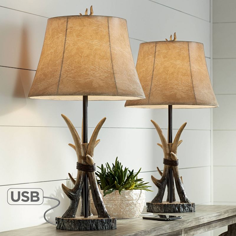 John Timberland Rustic Western Table Lamps Set of 2 with USB Charging Port Natural Antler Bell Shade Living Room Bedroom Bedside