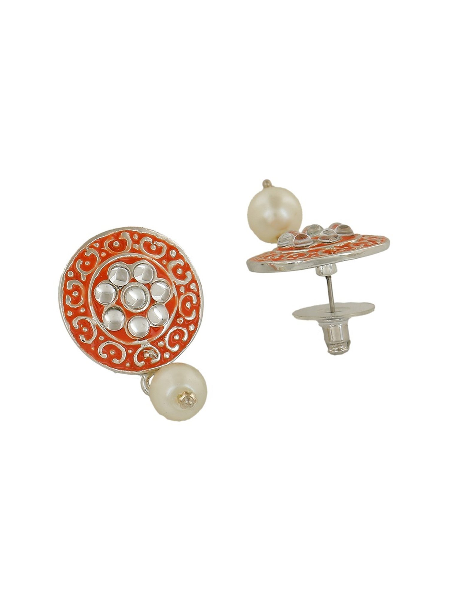 Estele Rhodium-Plated Stunning Meenakari Pearl Drop Earrings