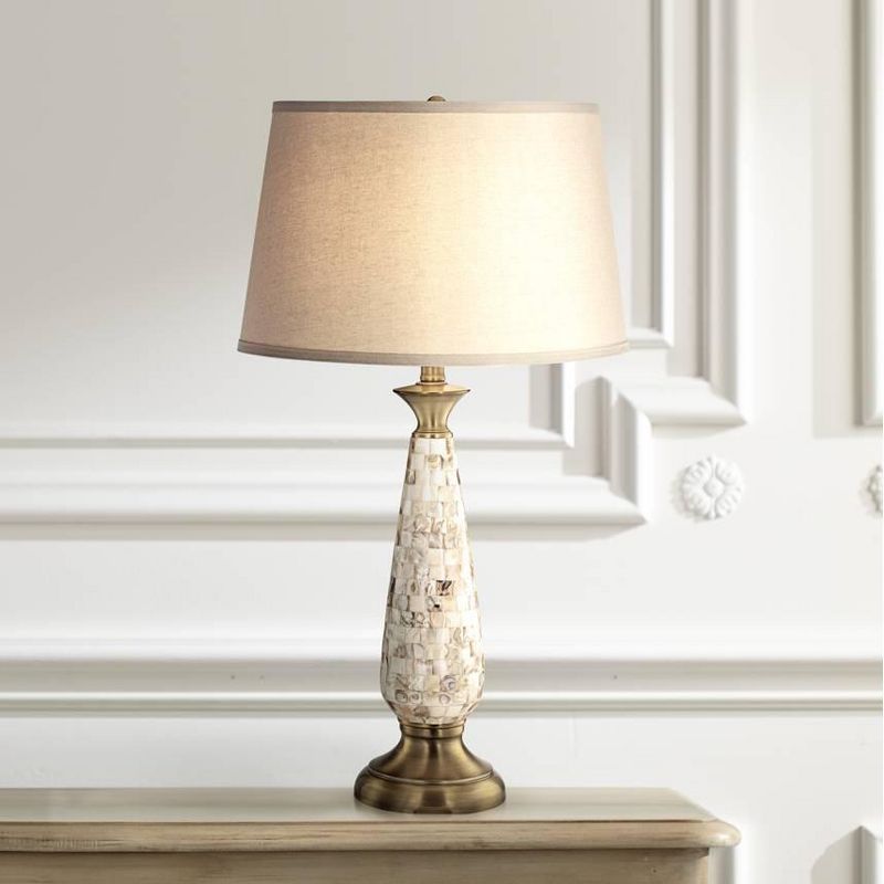 Barnes and Ivy Coastal Table Lamp Mother of Pearl Mosaic Tapered Drum Shade for Living Room Family Bedroom Bedside Nightstand