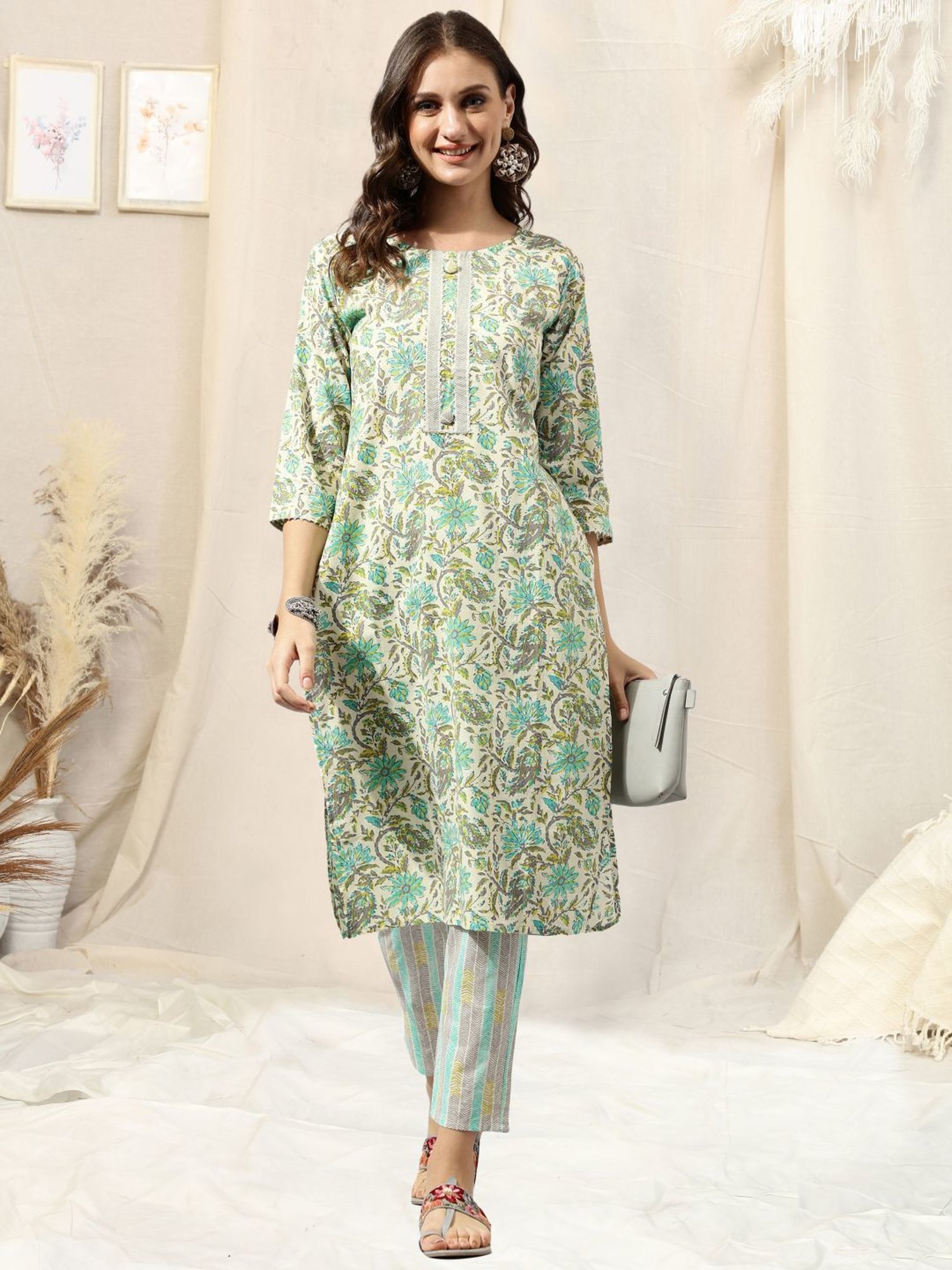 MIRCHI FASHION Cotton Beige & Blue Floral Print Kurta Pant Set