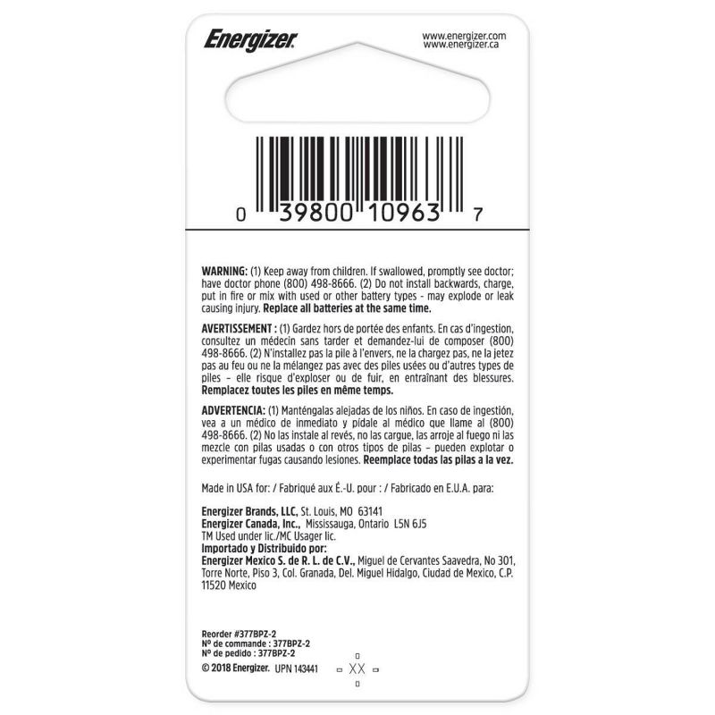 Energizer 2pk 377 Batteries Silver Oxide Button Battery