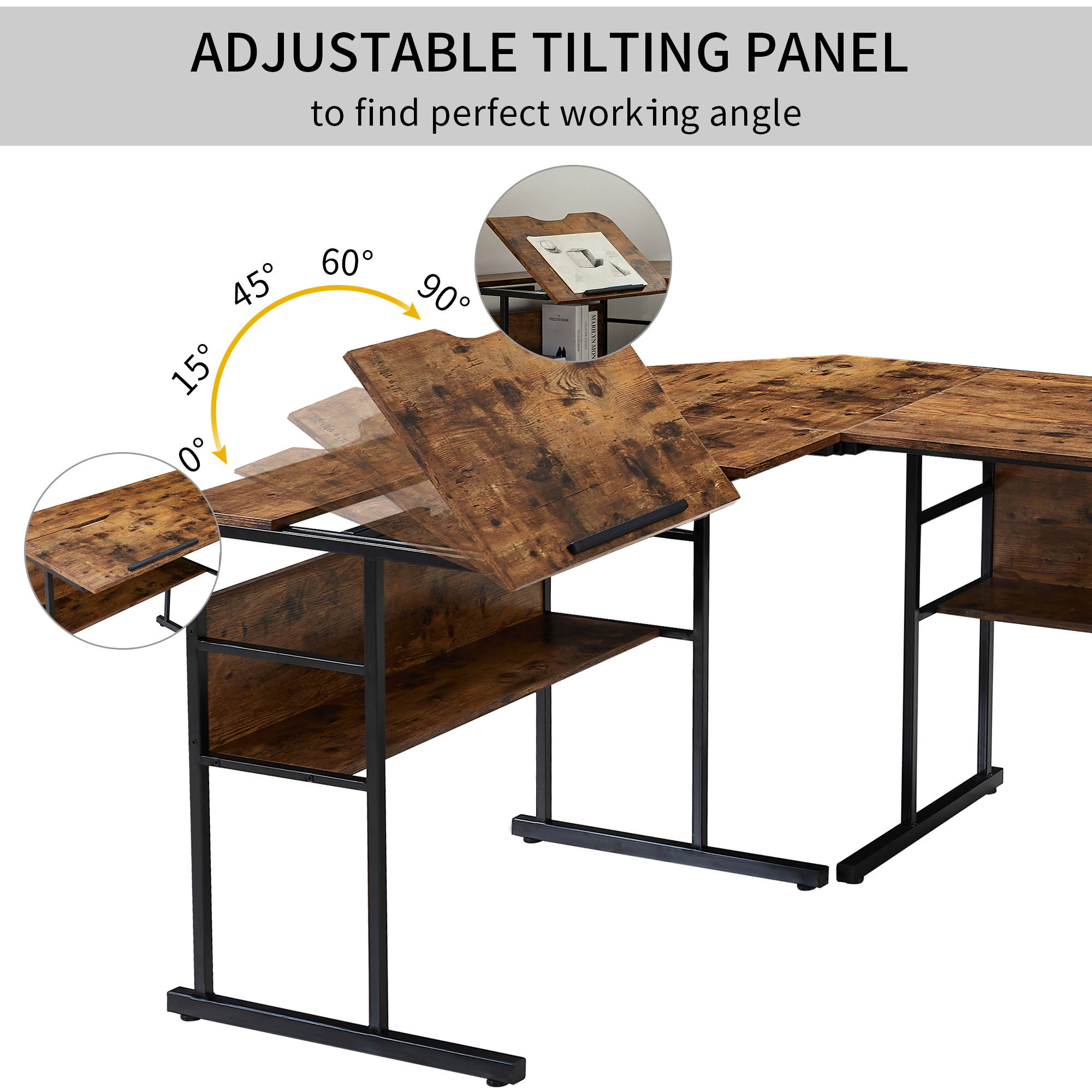 L-Shaped Corner Desk Home Office Desk With Bottom Bookshelves And CPU Stand, Multi-Function Drafting Drawing Table With Tiltable Desktop for Artist or Student Separable Design (Brown)