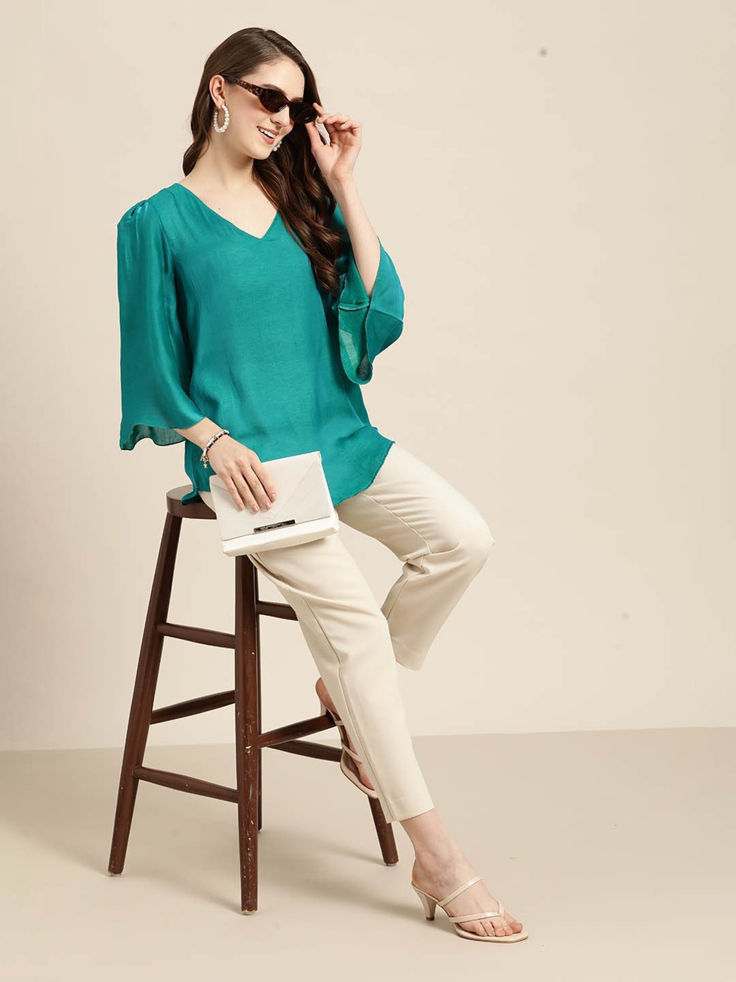 Qurvii Turquoise Silk Regular Fit Top