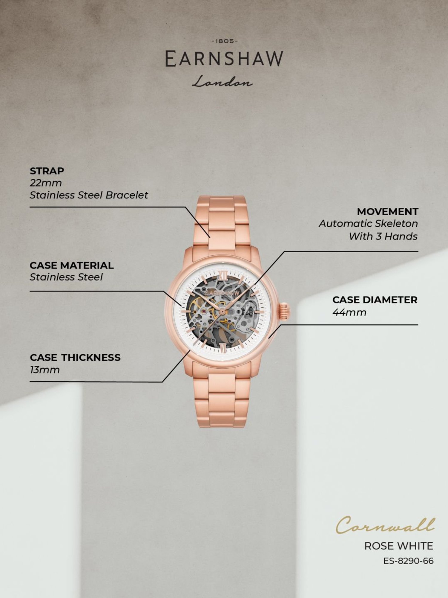 Earnshaw ES-8290-66 Cornwall Skeleton Analog Watch for Men