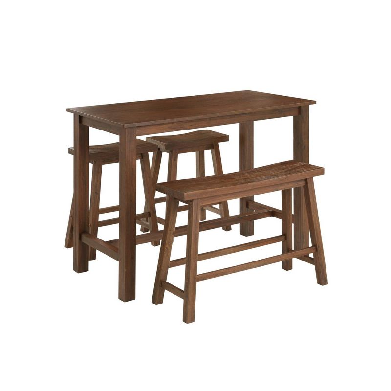 4pc Wooden Pub Table Dining Set with Saddle Stools and Bench Chestnut Brown - Benzara