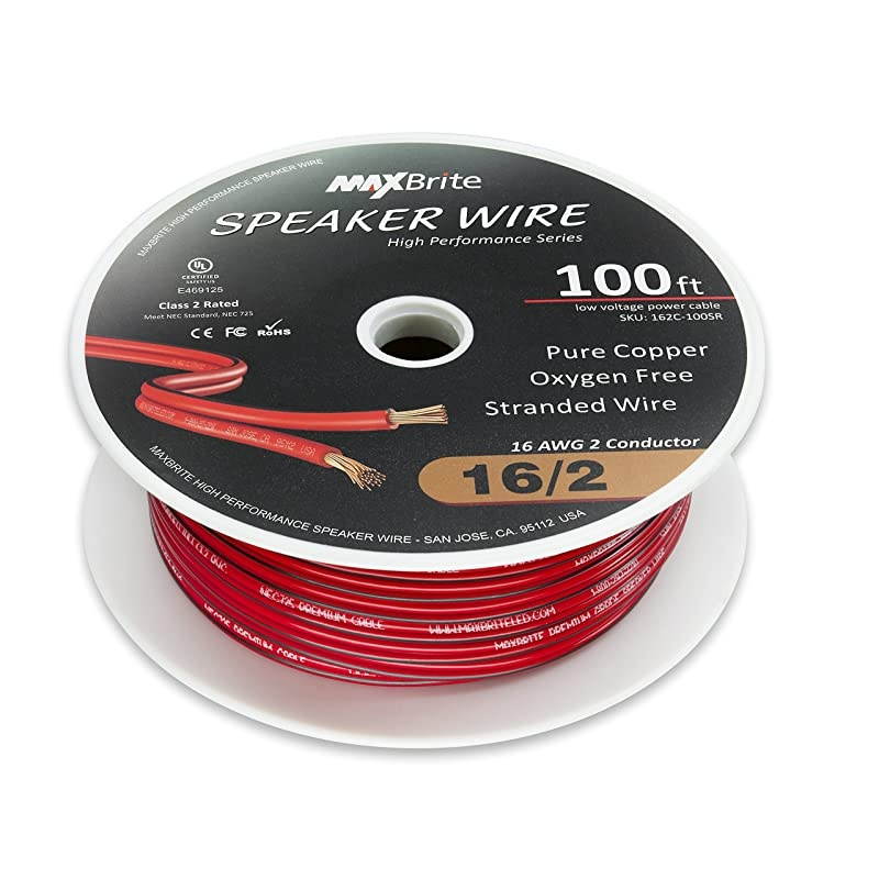 Performance 16 Gauge Speaker Wire Oxygen Free Pure Copper UL Listed Class 2 100 Feet Spool