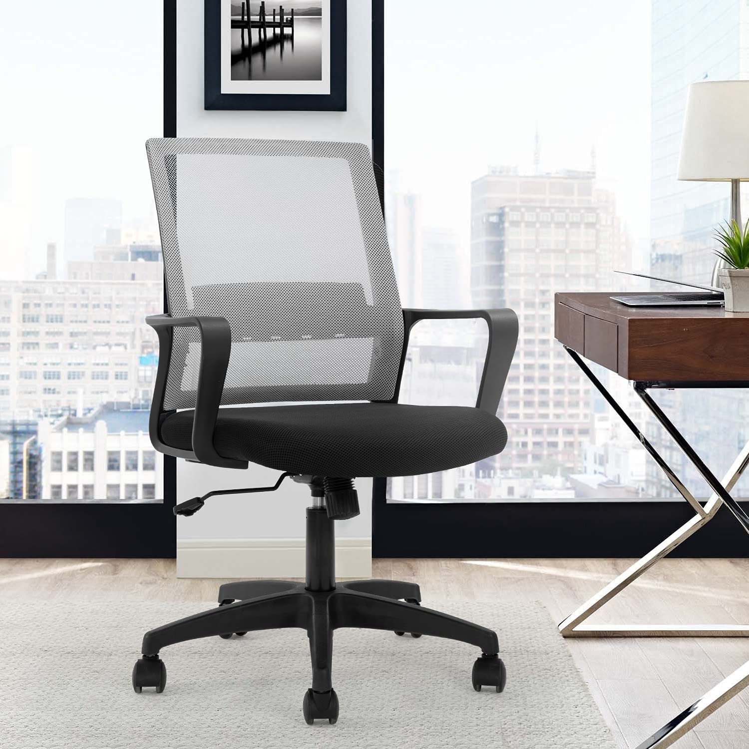 Office Chair Ergonomic Desk Task Chair Mesh Computer Chair Mid-Back Mesh Home Office Swivel Chair Modern Executive Chair with Wheels Armrests Lumbar Support (Grey)