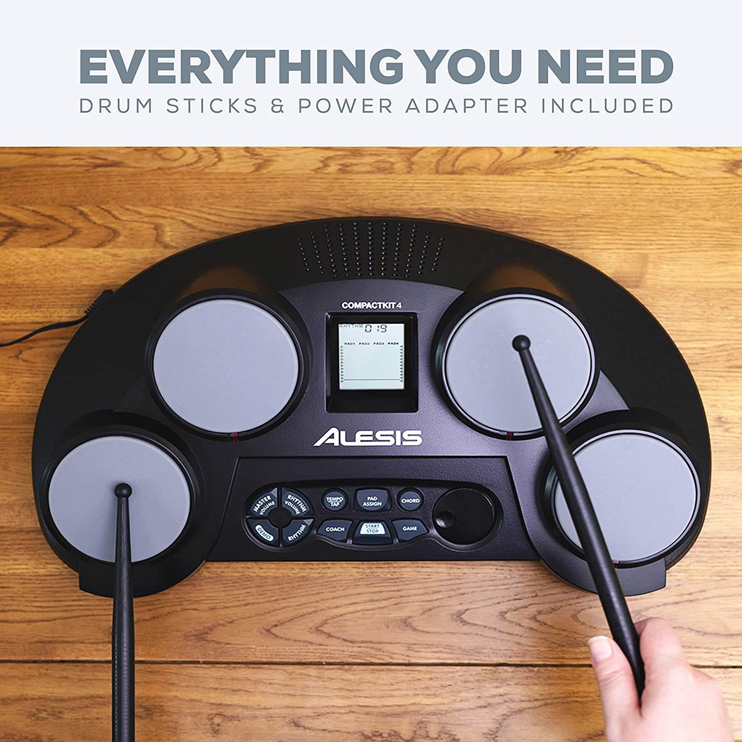 Alesis Compact Kit 4 | Portable 4-Pad Tabletop Electronic Drum Kit with Velocity-Sensitive Drum Pads, 70 Drum Sounds, Coaching Feature, Game Functions, Battery- or AC-Power and Drum Sticks Included