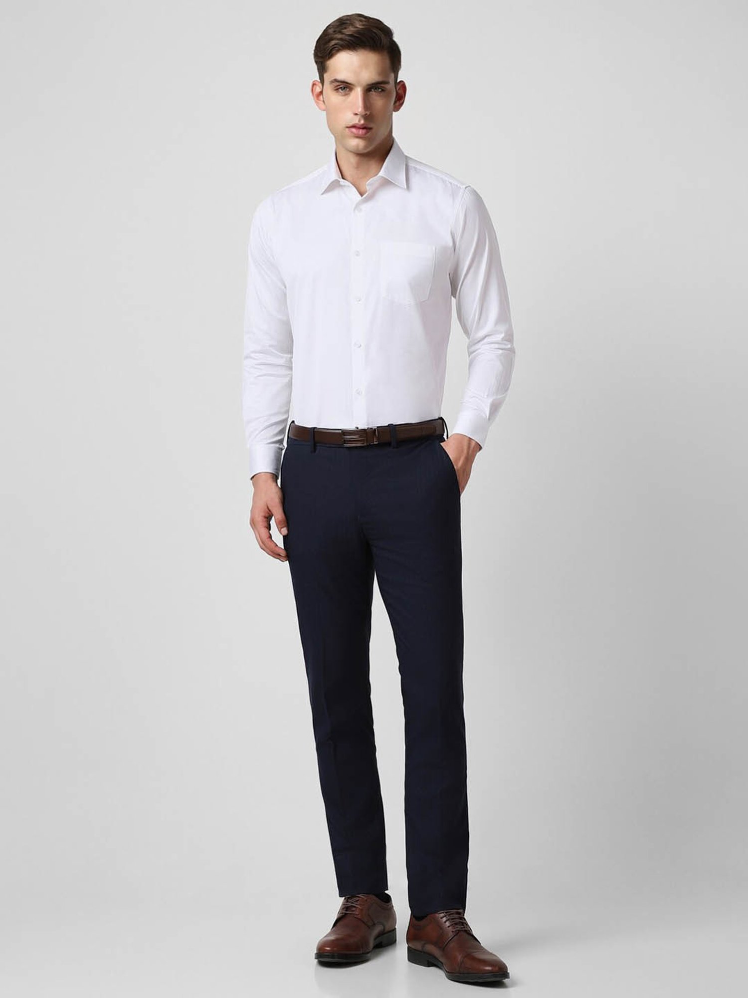 V Dot Navy Skinny Fit Striped Trousers